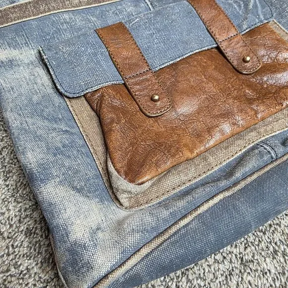 Mona B Collins Tote Bag Distressed Leather Denim Rustic Purse Handbag - Picture 9 of 14